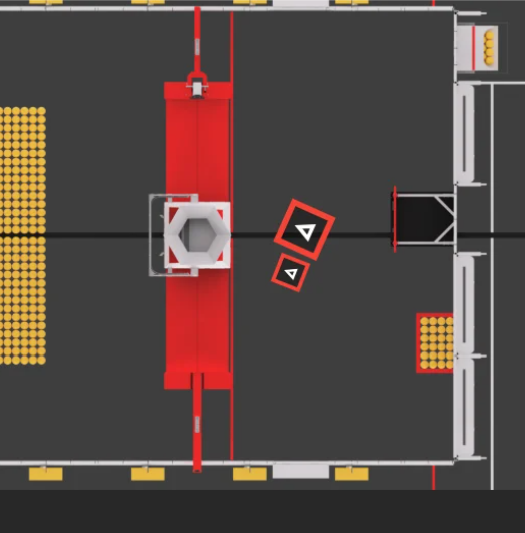Shoot on the move in action: the large square is the current robot pose, the small square is the extrapolated pose